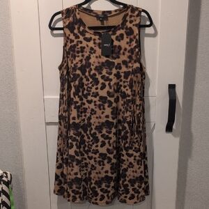 NWT Very J Sleeveless Brown Leopard Print Mini Dress with Back Fringe Size L